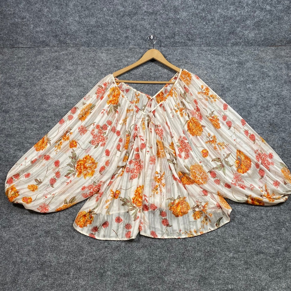 Bucket List Women Floral Balloon Sleeve Blouse Metallic Pinstripe Boho Top White